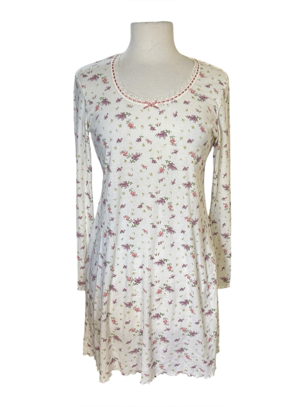 CHAPS women's nightgown S Lace Trim Floral Cottage Prairie Trad Wife Long Sleeve